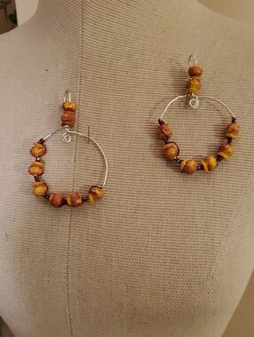 Handcrafted Yellow Amber Bead Hoop Earrings - Women Jewelry
